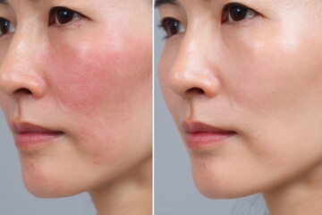 Comparison of woman's face with rosacea and after treatment showing clear skin complexion now visible