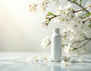 White bottle placed on white table, cherry blossom branches in background. Minimal packaging design, cosmetic branding, advertising concept. Spring beauty, natural fresh style, skincare product.