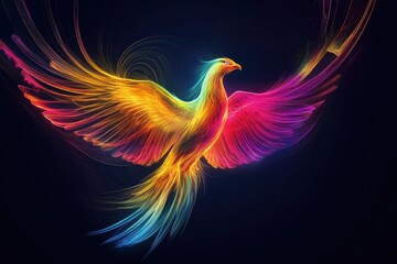 Obraz premium Glowing neon bird with colorful wings resembling phoenix in surreal artwork
