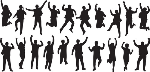Silhouette collection of people celebrating victory by jumping and cheering together joyfully