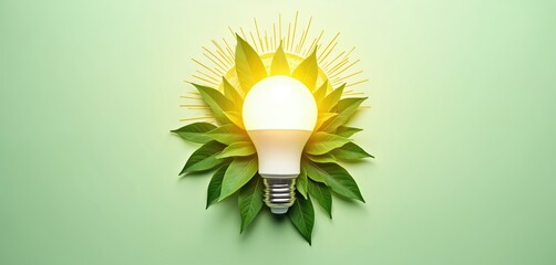 Obraz na płótnie Canvas Eco-friendly light bulb with green leaves concept. Symbol of green energy and sustainable resources. Eco tech for carbon neutral goals. Environmental protection illustration.