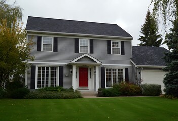 A two story house with gray siding and a red front door on a green lawn under an overcast sky