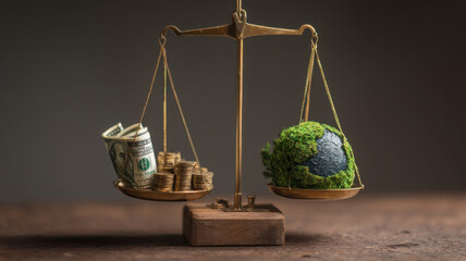 A scales of balance, one side loaded with money and the other representing earth. A powerful visual representing environmental and economic balance, financial equilibrium