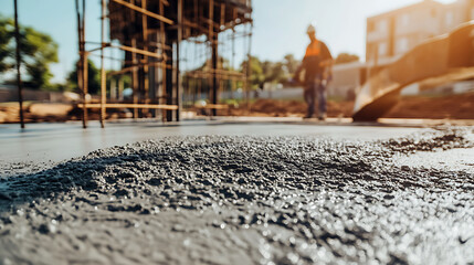 Freshly poured cement foundation on a sunny construction site. Construction worker out of focus. Building a sturdy base for future progress.