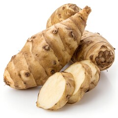 Fresh jerusalem artichokes with slices isolated on white background