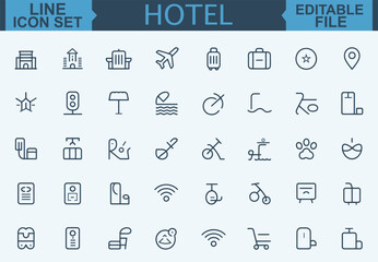 Hotel Line Icon Set Room, Reception, Taxi, Booking, Hostel, Key Card, Check-In, Passport, Safe, Laundry, Fitness, and Pool Symbols in Vector Illustration	