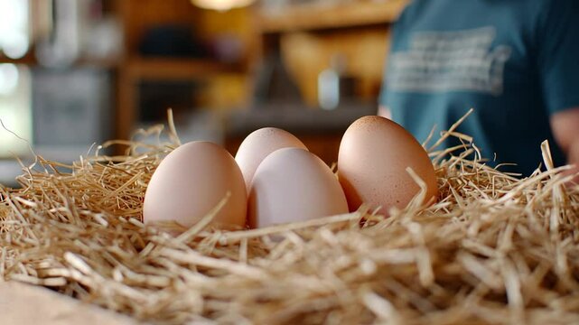 Farm fresh egg still life on straw bed nutrition and agriculture concept
