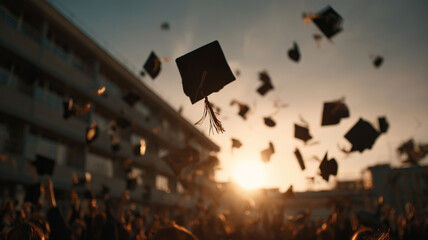 Celebration of multicultural high school graduates throwing caps into the sunset sky in a memorable graduation ceremony