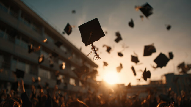 Celebration of multicultural high school graduates throwing caps into the sunset sky in a memorable graduation ceremony