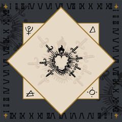 sacred heart seven sorrows swords wounds religious symbol design engraving vector illustration in vintage old medieval style