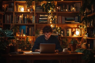 Obraz premium Focused man working on laptop in cozy home library with warm lighting