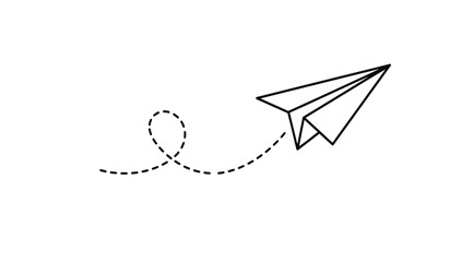 Paper plane with dotted line travel and route symbol in line style, Origami paper airplane, Black linear paper plane icon.