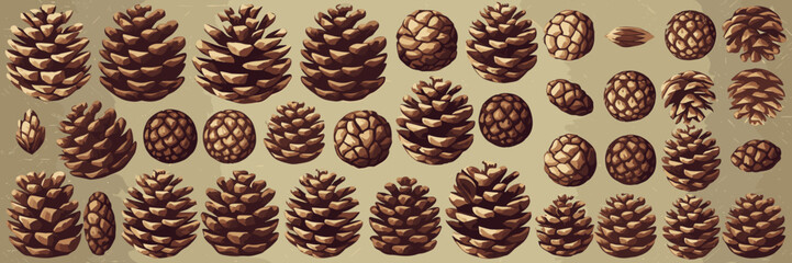 Vector icon sheet of pinecones in various sizes on textured background