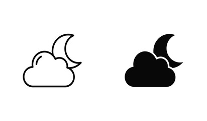 Simple weather icon with half moon or waning crescent moon in a cloudy sky. Night time symbol in line art style. Linear flat vector illustration
