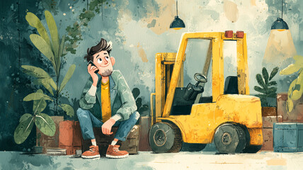 Man sits on warehouse floor discussing plans with casual ease