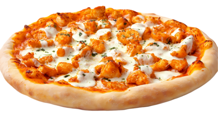 A delicious buffalo chicken pizza with a creamy white sauce on a thin crust   isolated on transparent background