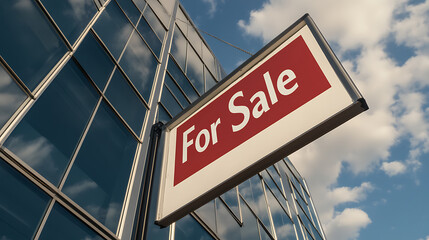 Building with a 'For Sale' sign under a blue sky, signaling property availability and potential investment opportunity in real estate market.