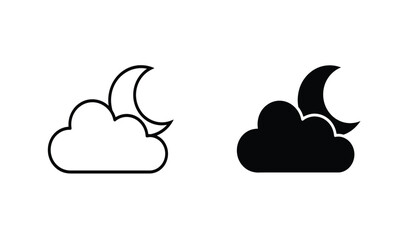 Simple weather icon with half moon or waning crescent moon in a cloudy sky. Night time symbol in line art style. Linear flat vector illustration