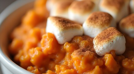 A close-up of a delicious sweet potato casserole topped with toasted marshmallows