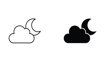 Obraz premium Simple weather icon with half moon or waning crescent moon in a cloudy sky. Night time symbol in line art style. Linear flat vector illustration