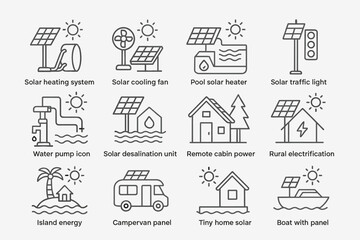 Set of solar energy icons illustrating various renewable energy applications