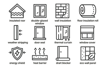 Energy efficiency icons for home insulation and weatherproofing solutions