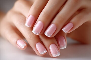 French manicure highlights soft pink nails finished with a shimmering white tip, perfect for women wanting a classy look