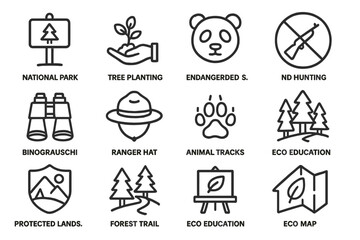 National park icons for conservation and education on black background