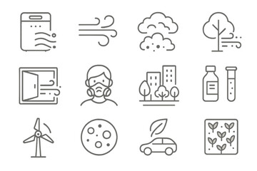 Environmental icons: air quality, pollution, renewable energy, nature, conservation