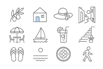 Minimalist icons of vacation themes: beach, home, travel, and leisure