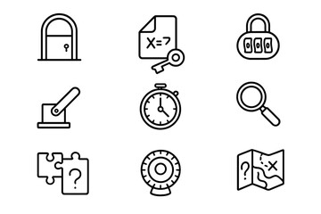 Escape room puzzle icon set: lock, key, timer, map symbols