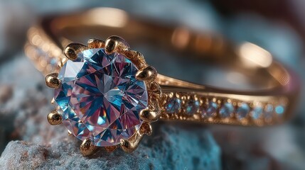 Stunning close-up of a golden ring with a large colorful gemstone and delicate detailing on a rocky surface