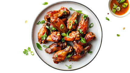 Fototapeta premium A top view of a plate of glazed chicken wings garnished with green onions and a bowl of dipping sauce isolated on transparent background