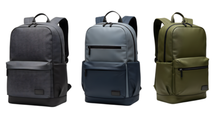 Three stylish backpacks in shades of gray, blue and olive green. They are set against a plain background