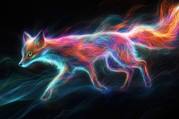 Glowing Neon Fox in Motion with Vibrant Colors and Energy Trails