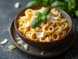 A cozy high-quality food shot of a rustic bowl of pasta in a creamy Alfredo sauce