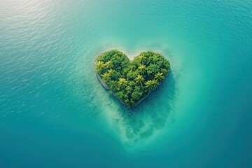 Heart-shaped tropical island surrounded by turquoise ocean in romantic paradise