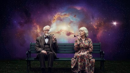 Elderly couple sitting on a park bench with surreal cosmic background - Powered by Adobe