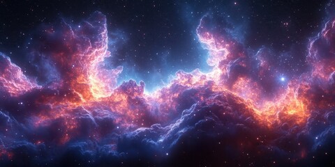 Fototapeta premium Vibrant cosmic clouds illuminated by starlight in a distant galaxy at the heart of the universe