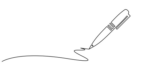 One continuous line of pen writing on a sheet. Vector illustration, Pen Signature Continuous Line Icon, Continuous one line drawing writing pen isolated minimalist linear illustration made of single
