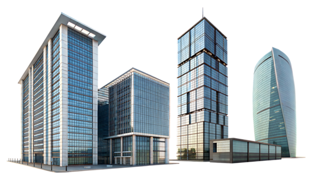 A set of modern office buildings showcases architectural design, with tall skyscrapers and glass facades - Powered by Adobe