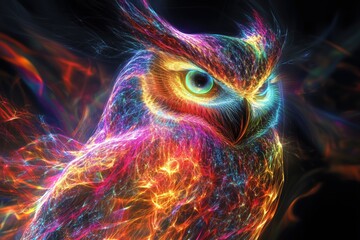 Glowing colorful neon owl illustration with fiery light effects and sharp blue eyes