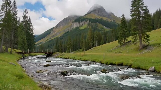 mountain valley covered pine trees log bridge over nature stormy river shed grazing horses concept valle de monta&ntilde;a cubierto de pinos puente troncos sobre naturaleza r&iacute;o tormentoso cobertizo pastoreo