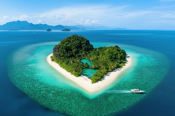 Romantic heart-shaped island with lush vegetation and turquoise waters from above