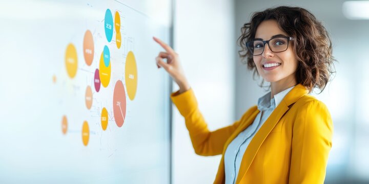 business confident portrait concept. Professional woman presenting data on a wall display, smiling confidently in a bright workspace.