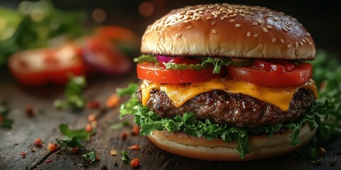 Delicious cheeseburger with fresh vegetables served on a wooden table in a cozy setting