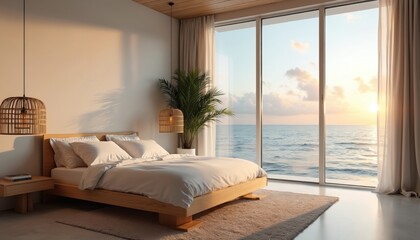 Modern bedroom with ocean view. Luxury hotel room, stylish home interior with comfortable bed. Natural light, sunny day, white decor. Vacation resort, travel destination, peaceful ambiance for rest,