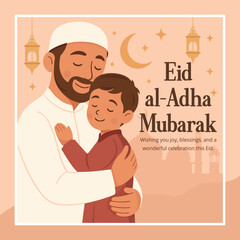 Eid al-Adha Mubarak flat illustration of father hugging son warmly