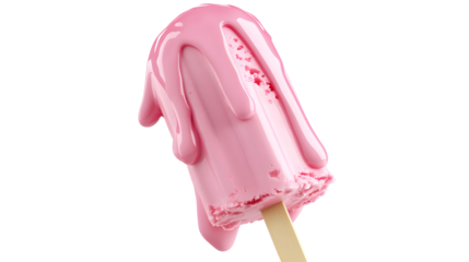 Melting Pink Ice Cream Popsicle on Wooden Stick
