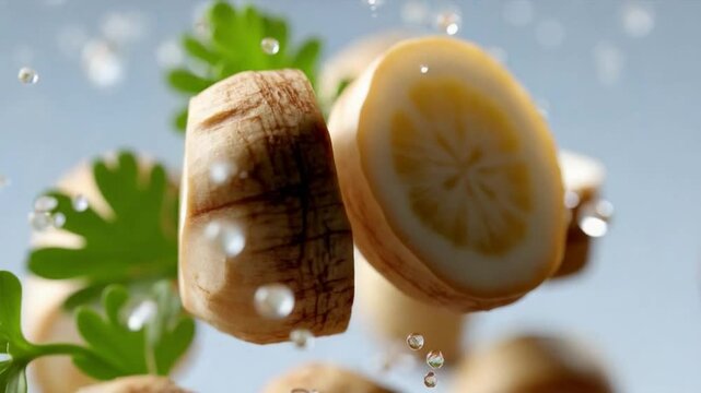 Celery in Water: Slices of fresh celery and parsley float in water, capturing the vibrant colors and textures of these healthy ingredients.